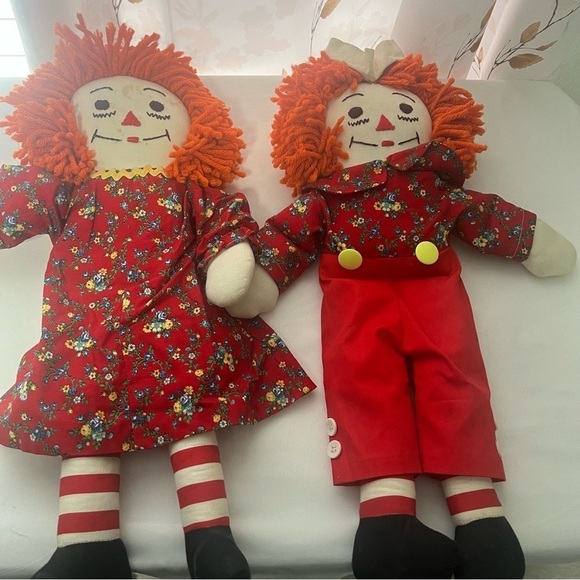 Raggedy Ann and Andy 19” Handcrafted Dolls with Orange Yarn Hair Vintage - Picture 2 of 13